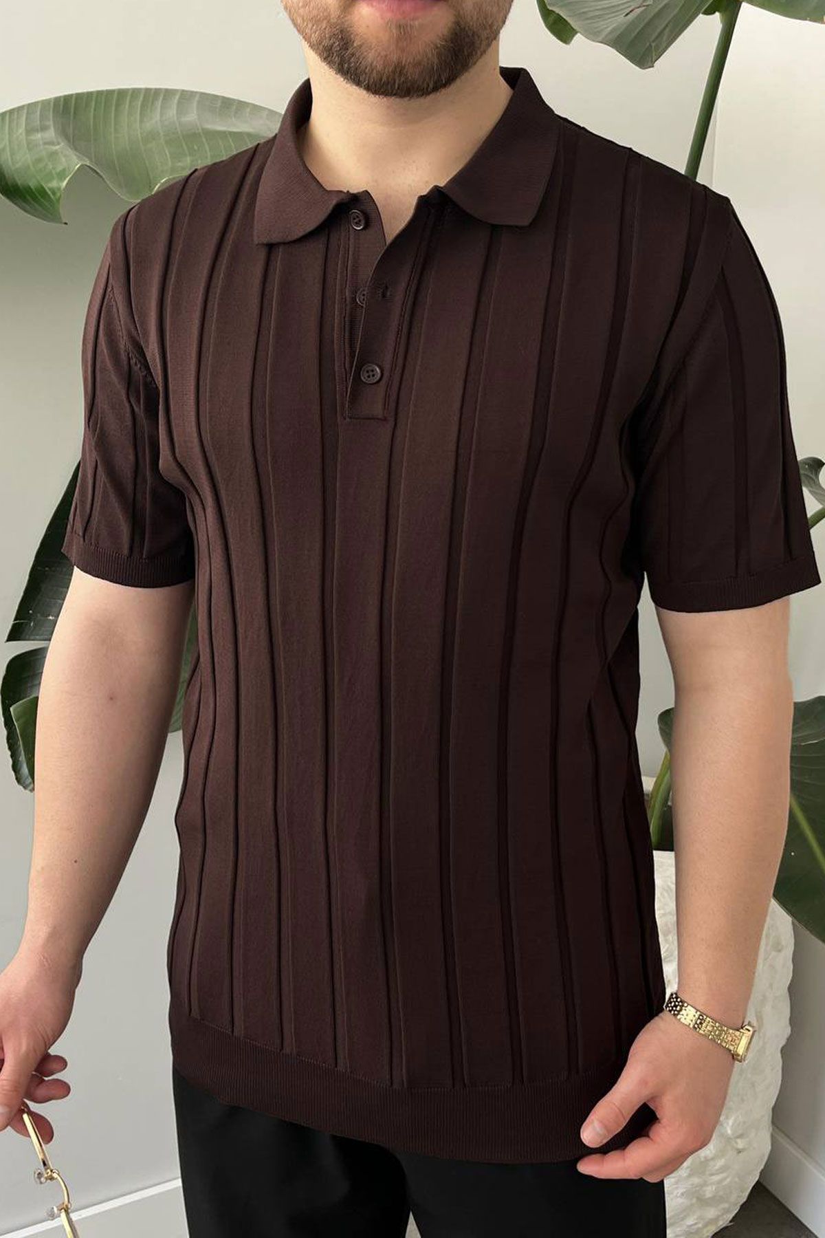 BayAygun 5050 Triko Dügmeli Polo Yaka Tshırt_Kahve resmi