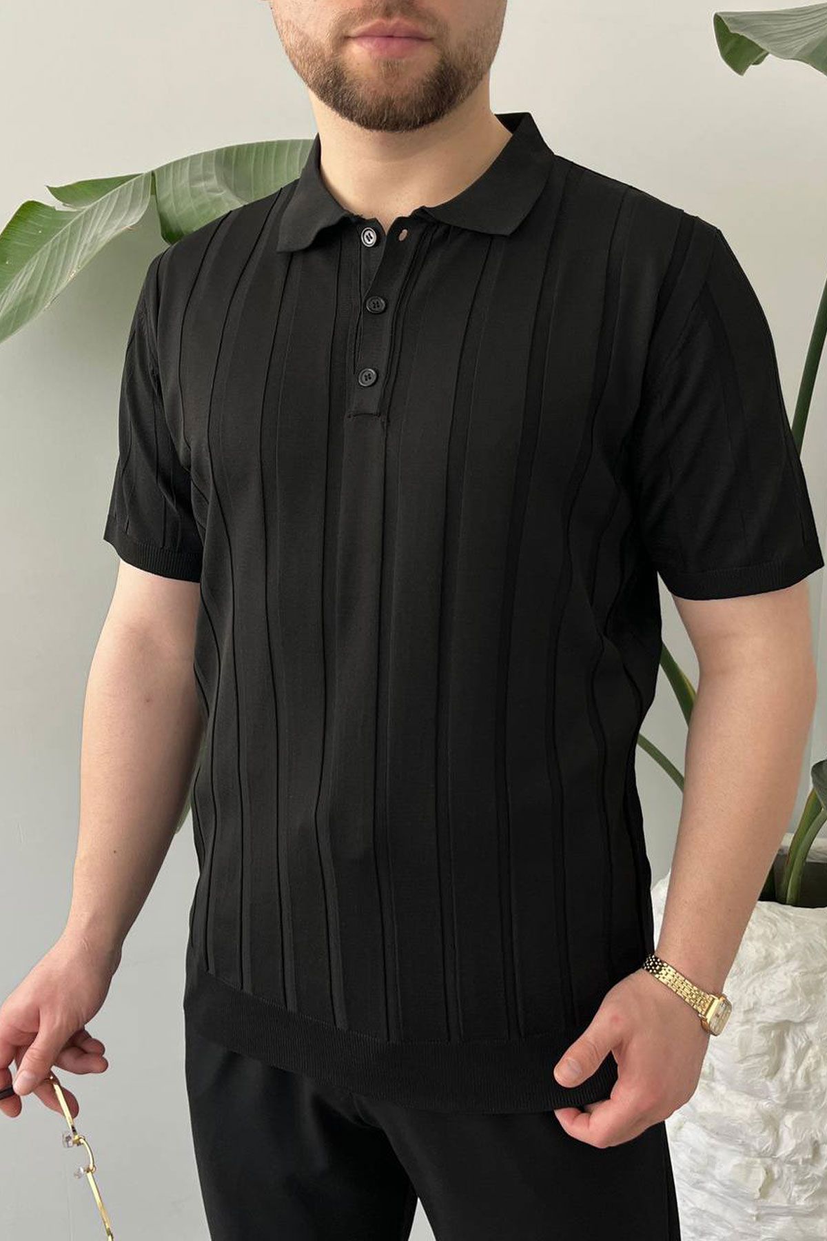 BayAygun 5050 Triko Dügmeli Polo Yaka Tshırt_Siyah resmi
