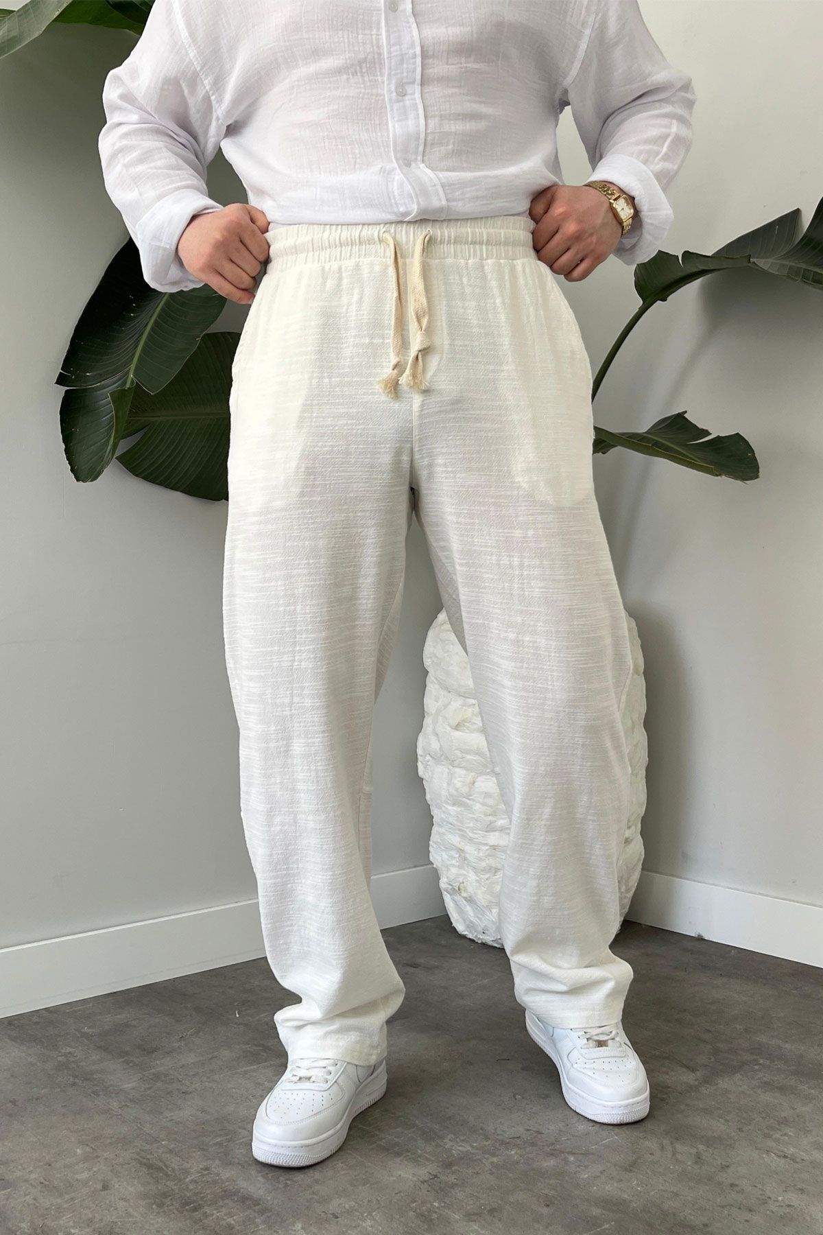 BayAygun 5070 Baggy Joger Keten Pantolon_Beyaz resmi
