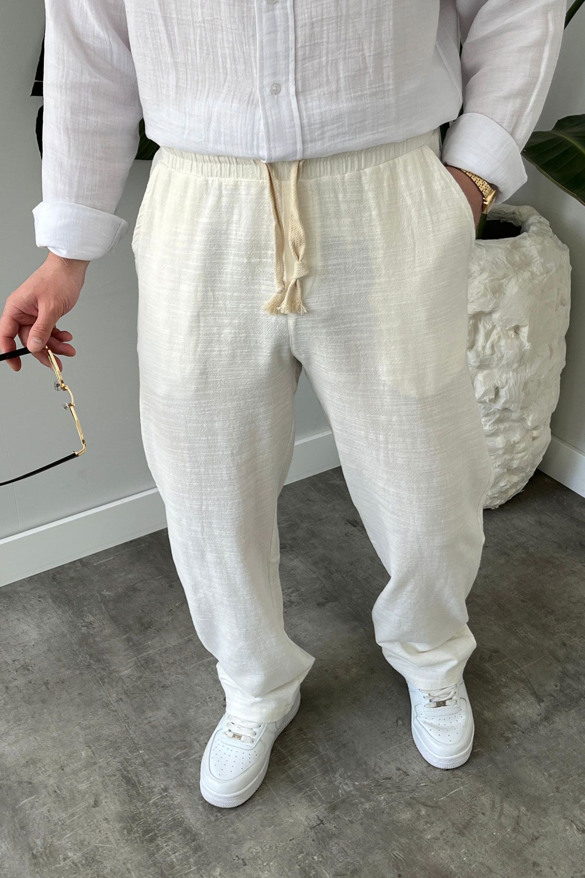 BayAygun 5070 Baggy Joger Keten Pantolon_Beyaz resmi