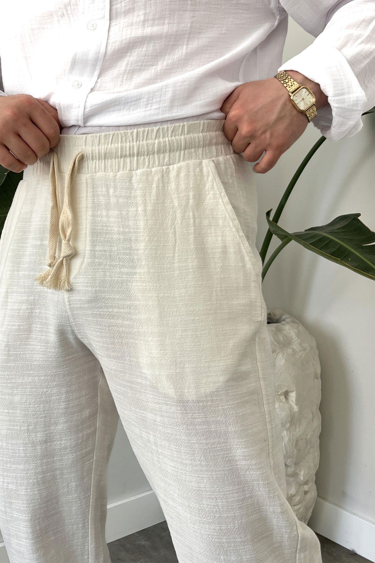 BayAygun 5070 Baggy Joger Keten Pantolon_Beyaz resmi