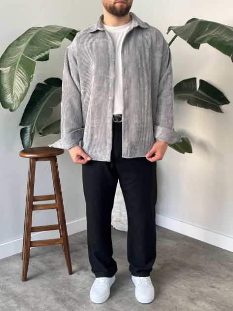 BayAygün 5103 Oversize Kadife Gomlek _Gri resmi