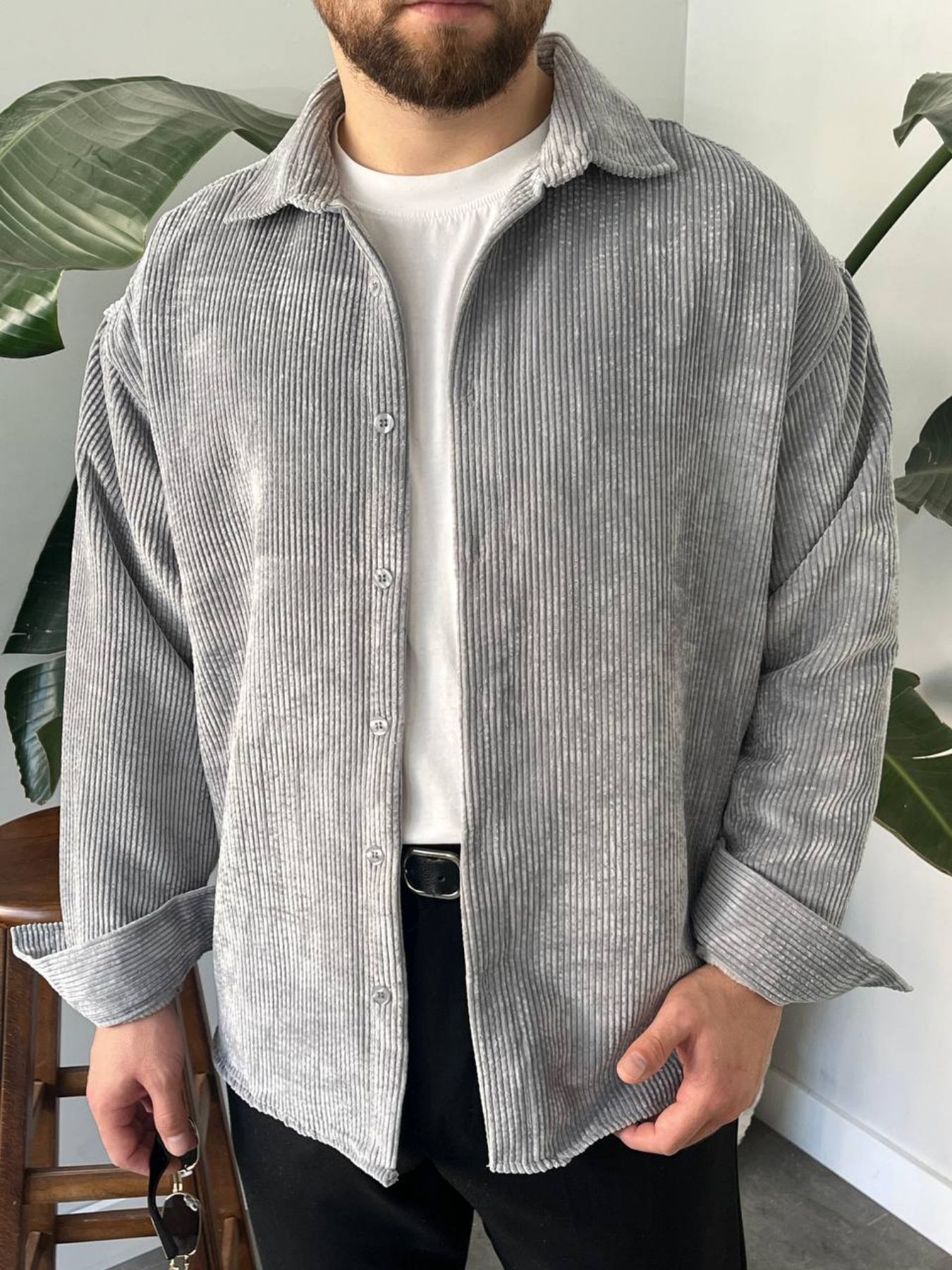 BayAygün 5103 Oversize Kadife Gomlek _Gri resmi