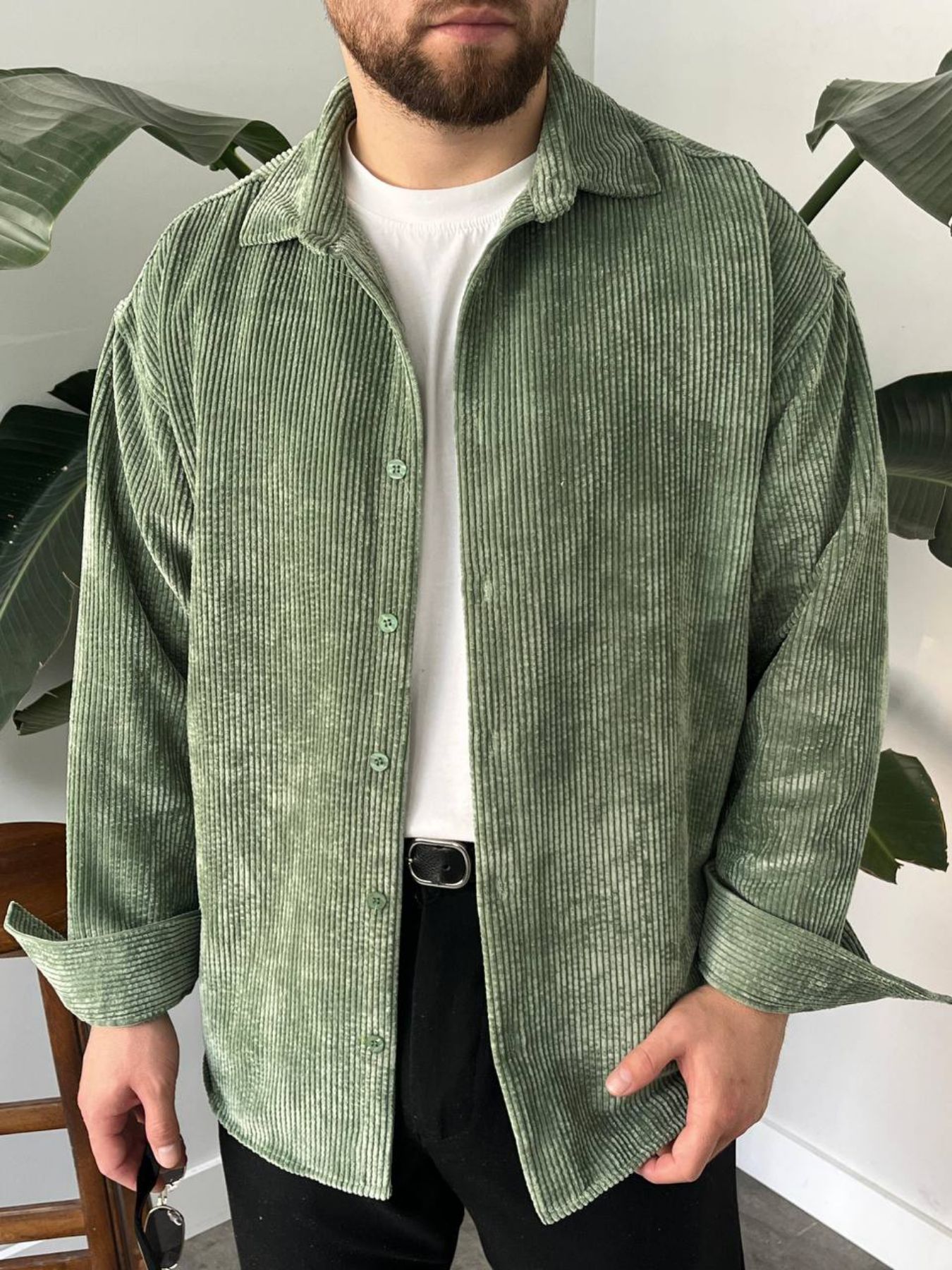 BayAygün 5103 Oversize Kadife Gomlek _Yeşil resmi