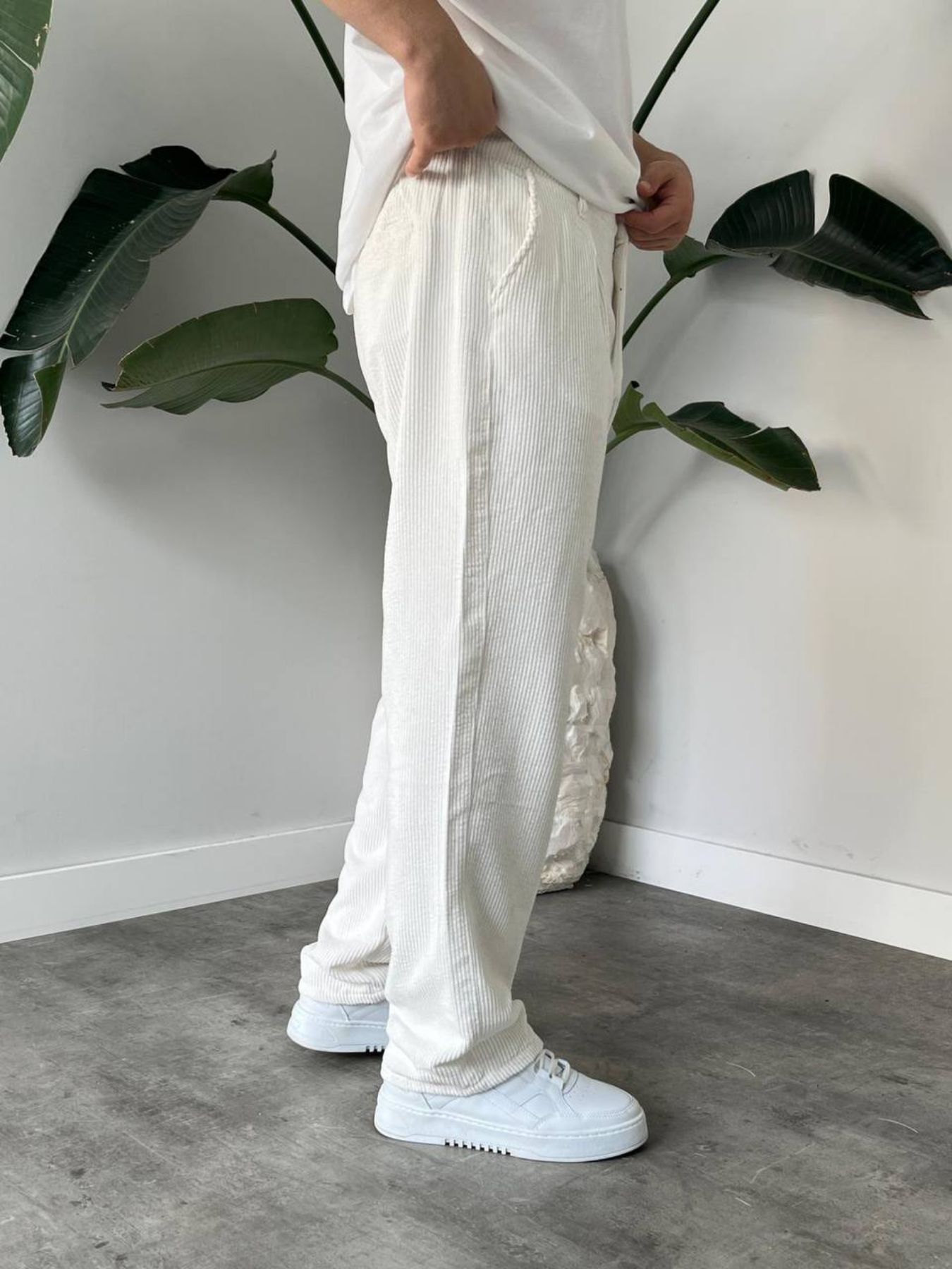 BayAygun 5113 Baggy Fitilli Kadife Pantolon_Beyaz resmi