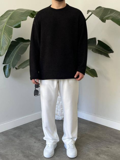 BayAygun 5114 Oversize Bisiklet Yaka Şonil Triko Kazak_Siyah resmi