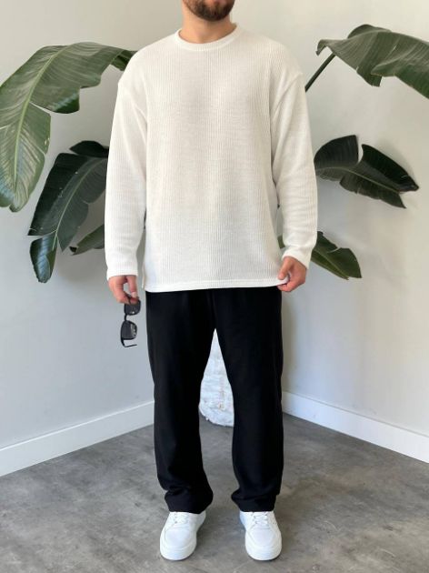 BayAygun 5114 Oversize Bisiklet Yaka Şonil Triko Kazak_Beyaz resmi