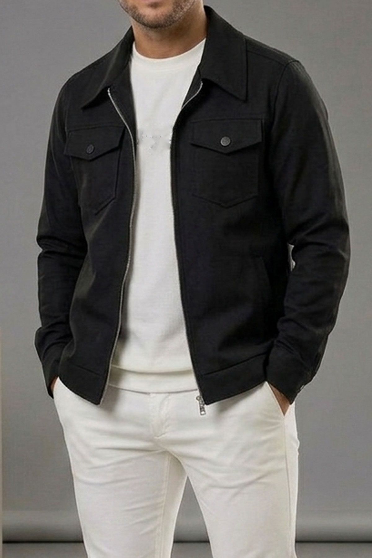 BayAygun 6019 Gabardin Yakalı Cepli Ceket _Siyah resmi