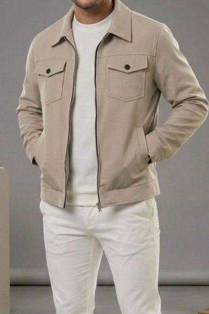 BayAygun 6019 Gabardin Yakalı Cepli Ceket _Bej resmi