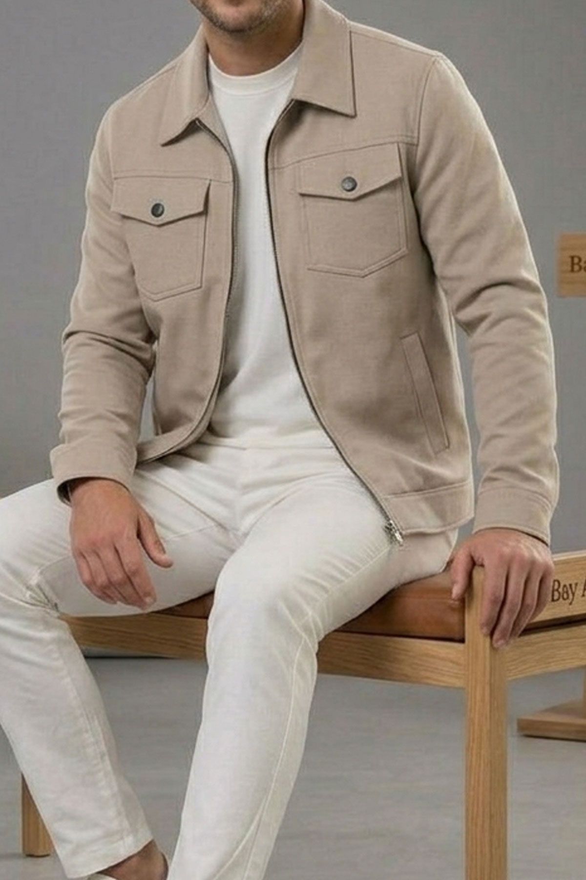 BayAygun 6019 Gabardin Yakalı Cepli Ceket _Bej resmi