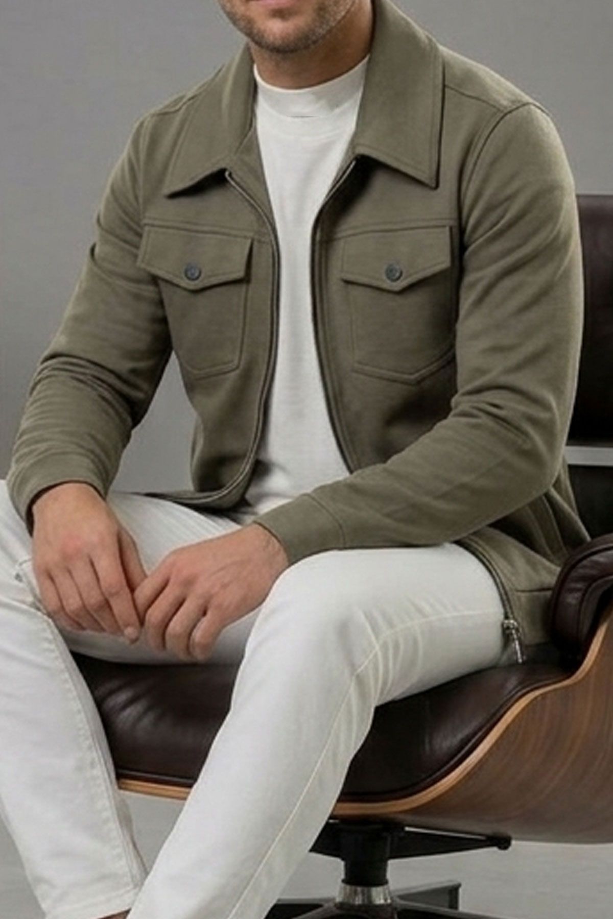 BayAygun 6019 Gabardin Yakalı Cepli Ceket _Haki resmi