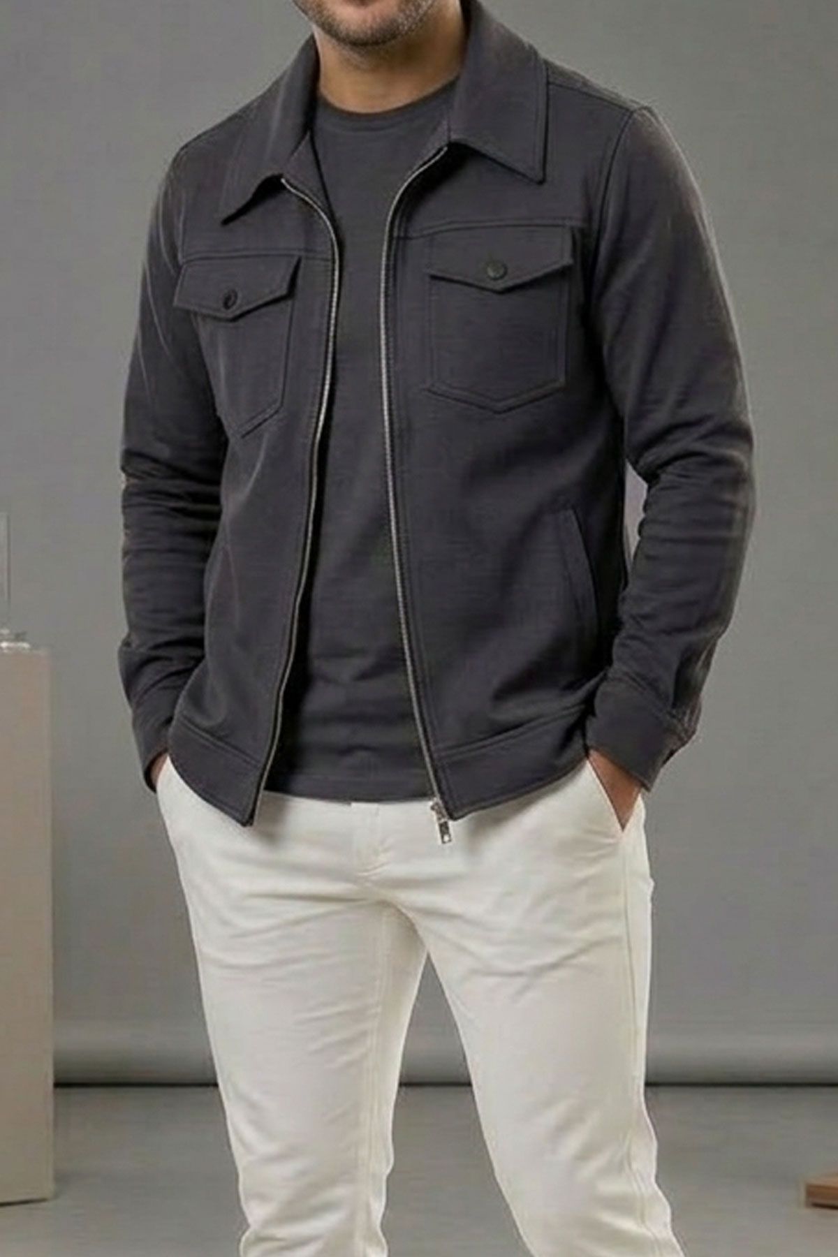 BayAygun 6019 Gabardin Yakalı Cepli Ceket _Füme resmi